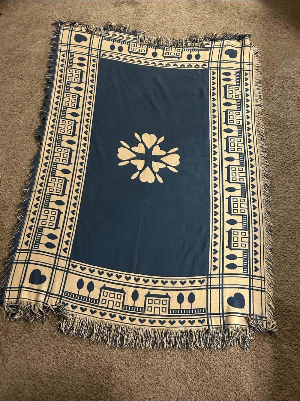 Vintage Blue Cream Woven Throw Blanket Cottage Houses Hearts Fringe Farmhouse